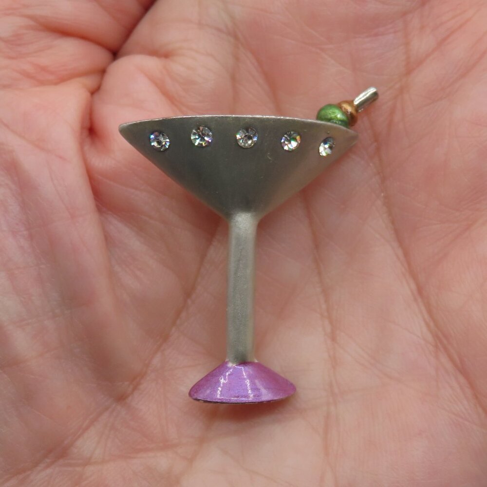 Martini Glass Rhinestone Accent Enamel Silver Tone Brooch - Picture 3 of 6